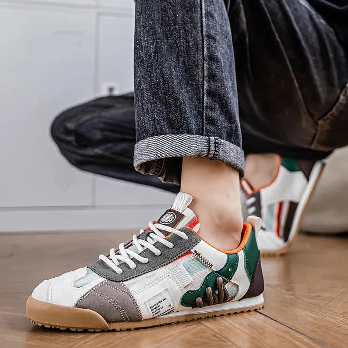 Close-up of men's patchwork utility sneakers, showcasing unique texture & quality craftsmanship.