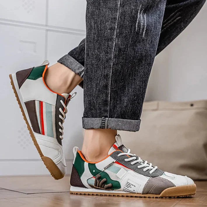 Men's casual footwear: stylish patchwork utility sneakers, offering comfort for daily use & trail.