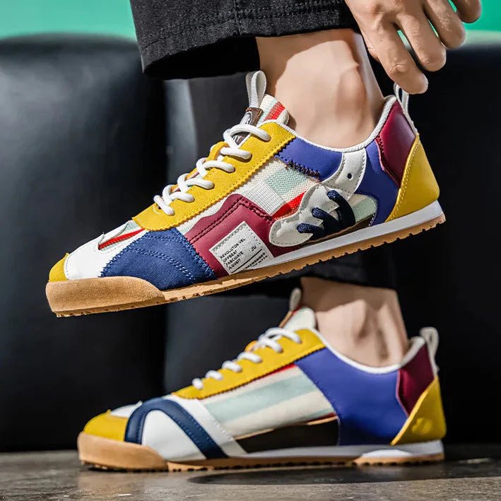 Front view of men's versatile patchwork utility sneakers, ready for street style or trail adventures.