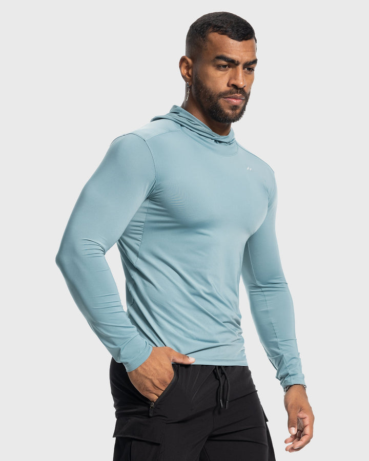 Men's performance baselayer hoodie, vibrant red, front view, high-visibility activewear