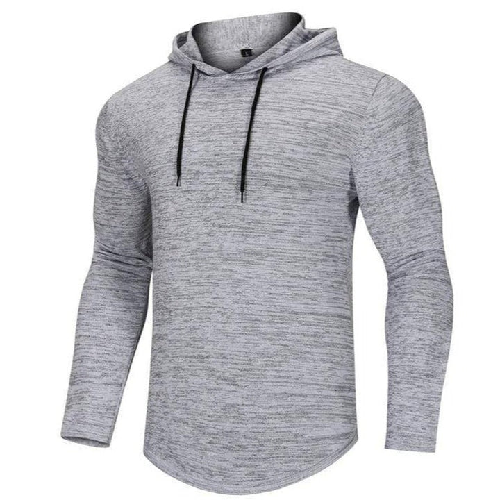Stylish men's performance hoodie, dark grey, tapered, versatile for gym or casual outings