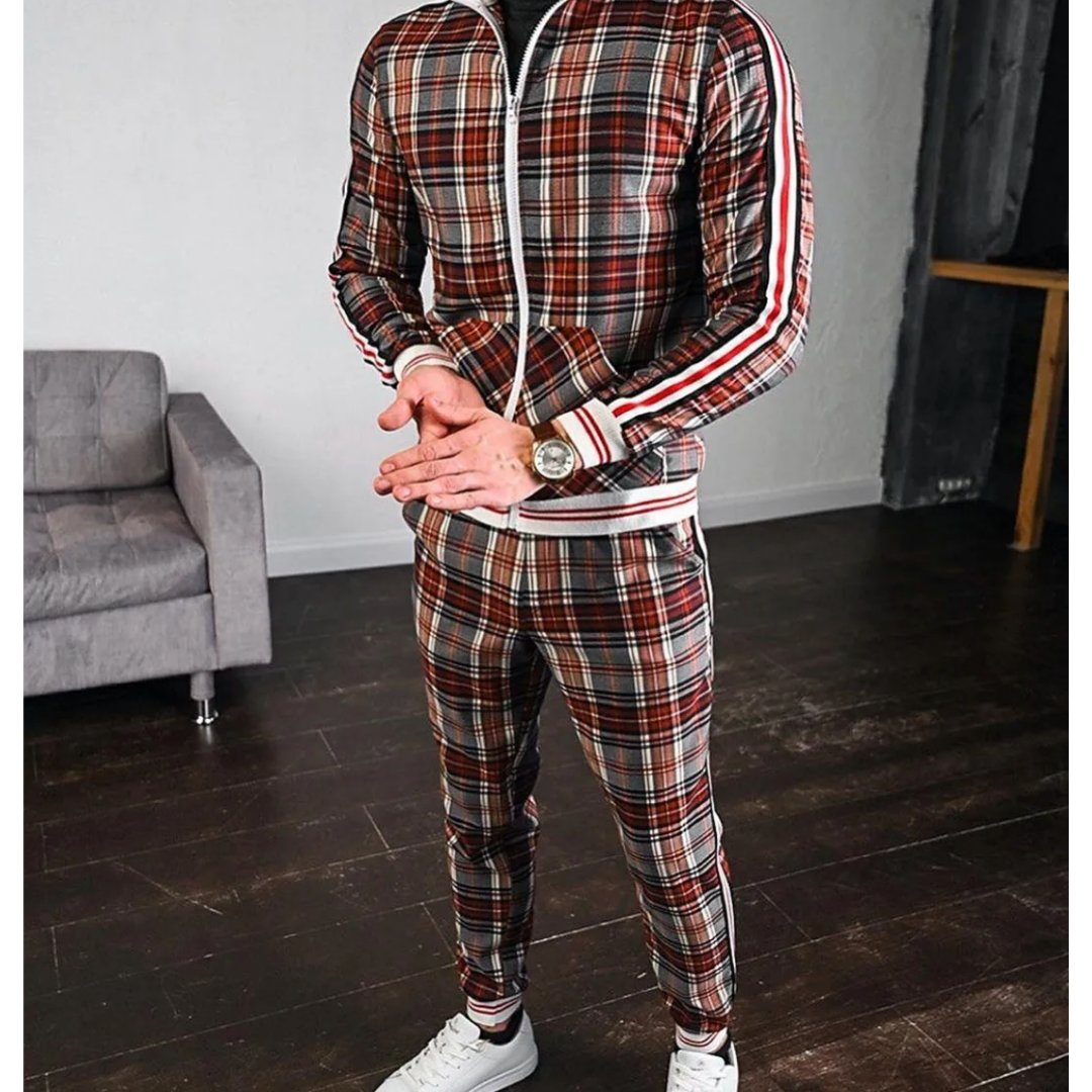 Men's sportswear jogging set in a distinctive plaid print, offering both style and comfort for active men.