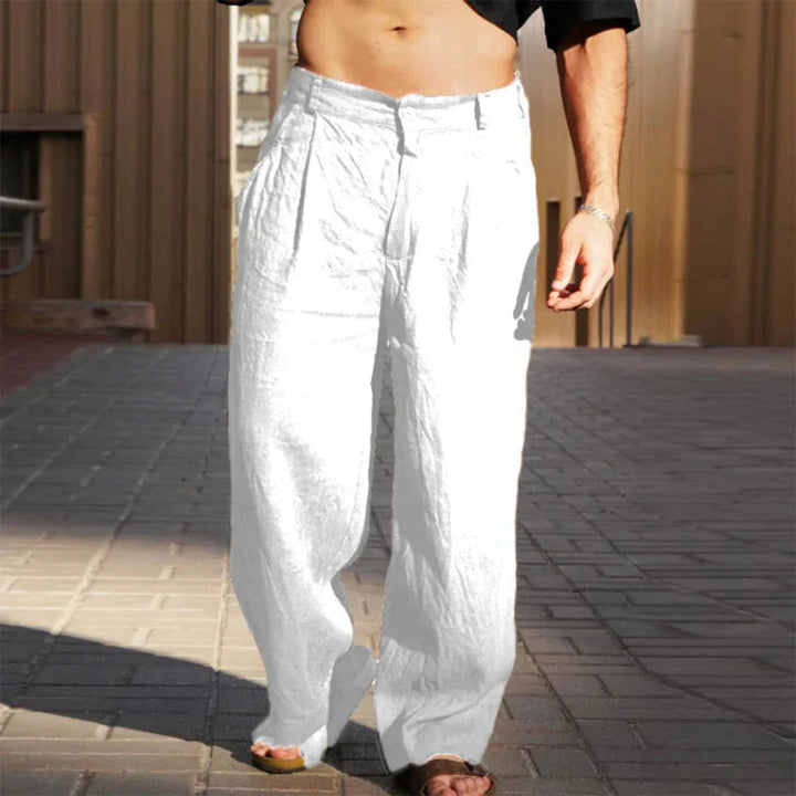Stylish men's wide leg chino pants with front pleats, offering a comfortable loose fit for versatile casual wear.