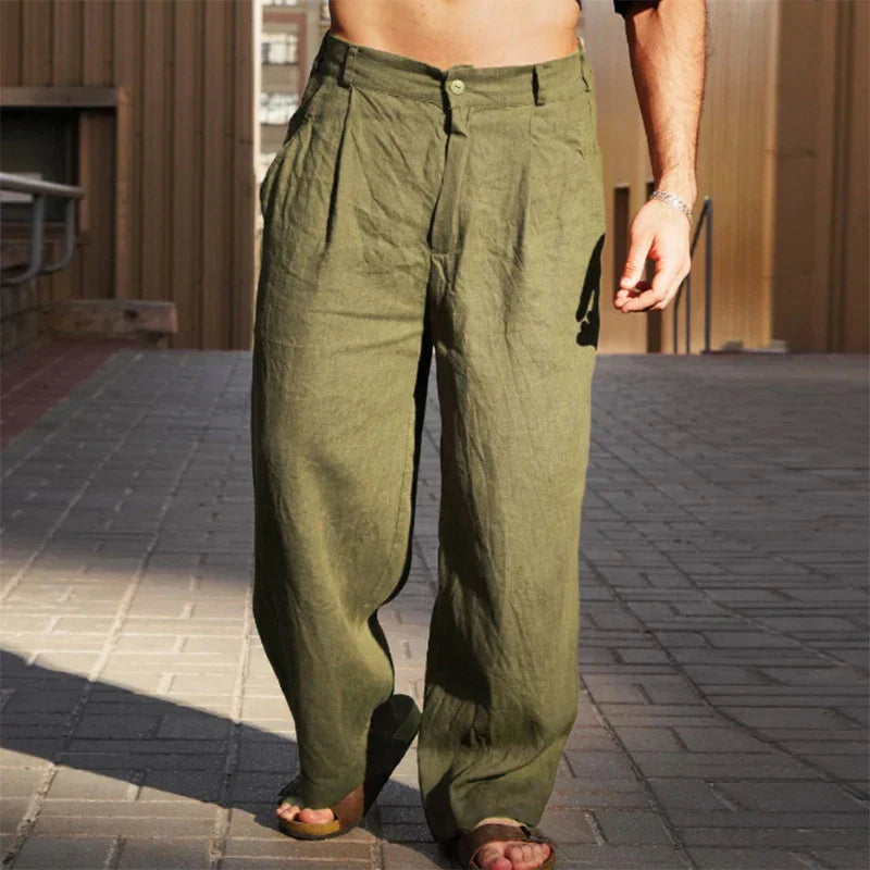 Versatile men's high waisted pleated wide leg chino pants, ideal for modern casual fashion & relaxed style.