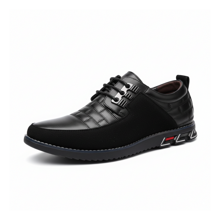 Close-up of men's sleek leather lace-up shoes, highlighting the polished finish and classic design.