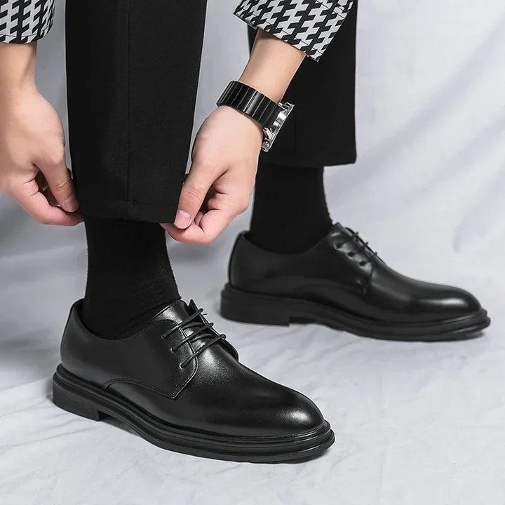 Sleek black patent Derby dress shoes for men, perfect for formal events, business attire, or elegant evening wear.