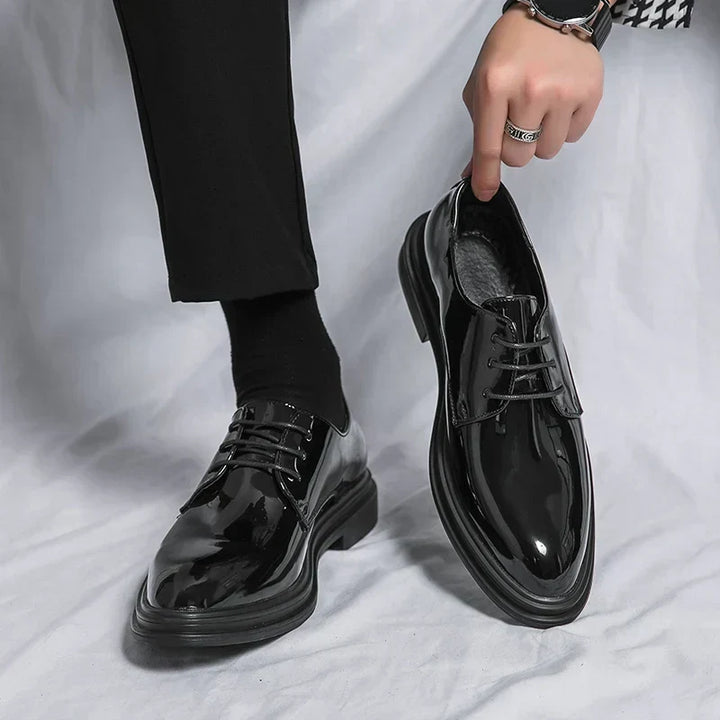 Classic men's black patent Derby shoes, highly polished for formal occasions, weddings & upscale evening events.