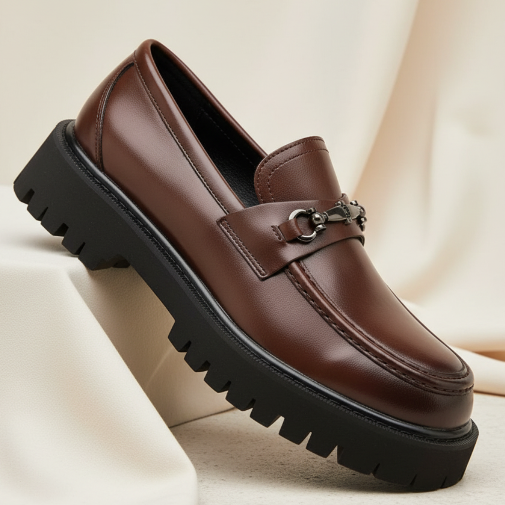Black men's polished dress loafers, perfect professional slip-on shoes for formal and business attire.
