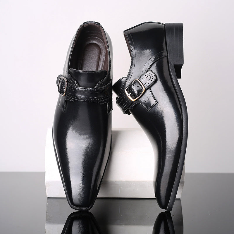 Classic men's formal polished monk strap dress shoes with a sophisticated single buckle, perfect for the office.