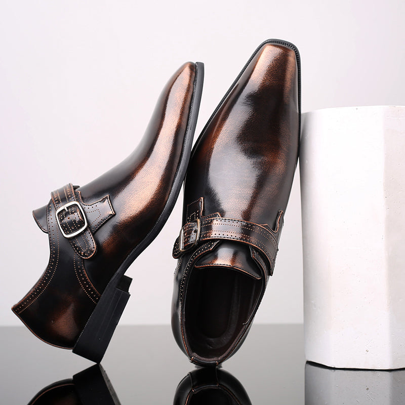 Men's sophisticated polished leather monk strap dress shoes, featuring a stylish single buckle closure.