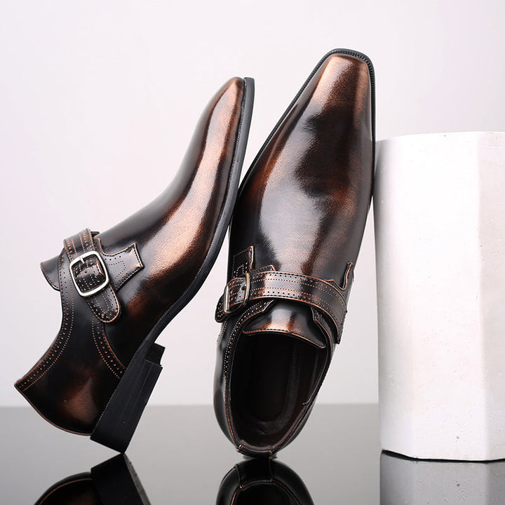 Men's sophisticated polished leather monk strap dress shoes, featuring a stylish single buckle closure.