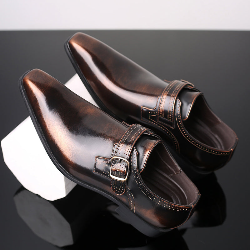 High-quality men's business dress shoes, polished finish, single buckle monk strap design for elegant style.