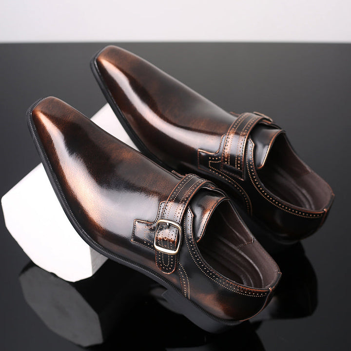 High-quality men's business dress shoes, polished finish, single buckle monk strap design for elegant style.