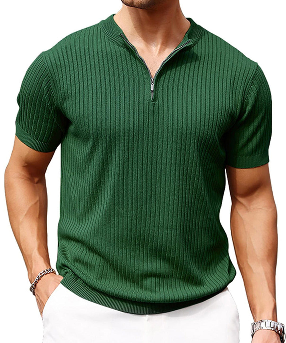 Men's casual outfit with a long sleeve zip-up shirt; versatile fashion choice.