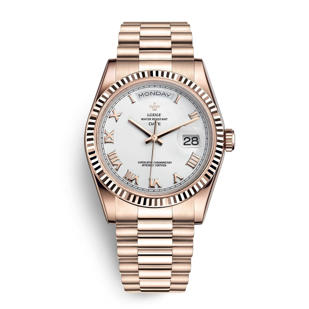Men's premium automatic Solan watch with day and date function, classic stainless steel design.