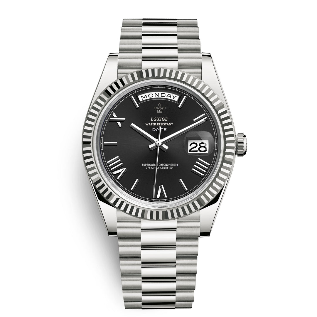 Men's fashion accessory: a high-quality automatic wrist watch with day-date, stainless steel construction.