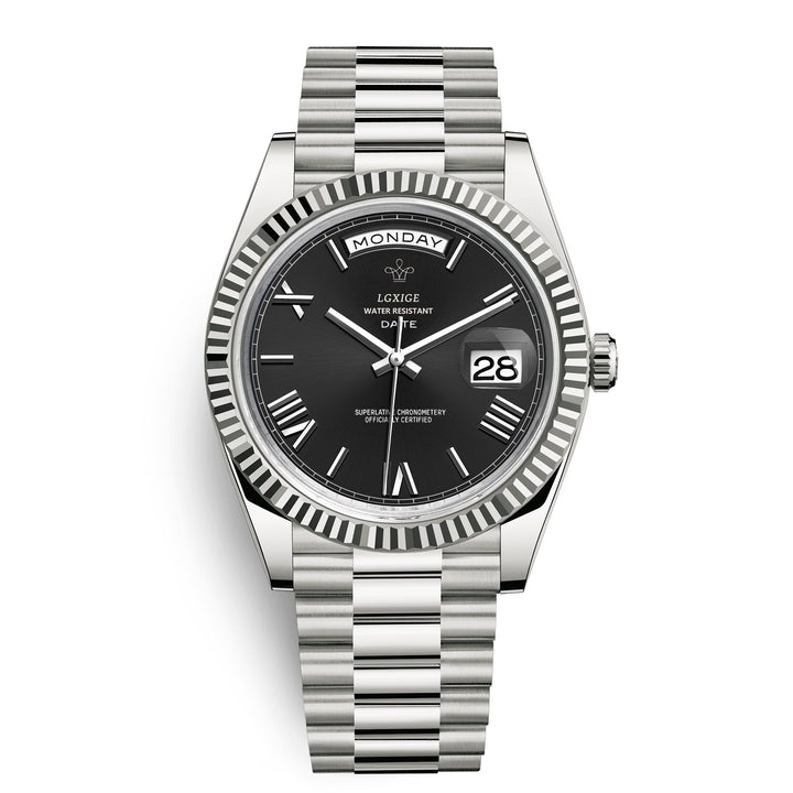Men's fashion accessory: a high-quality automatic wrist watch with day-date, stainless steel construction.