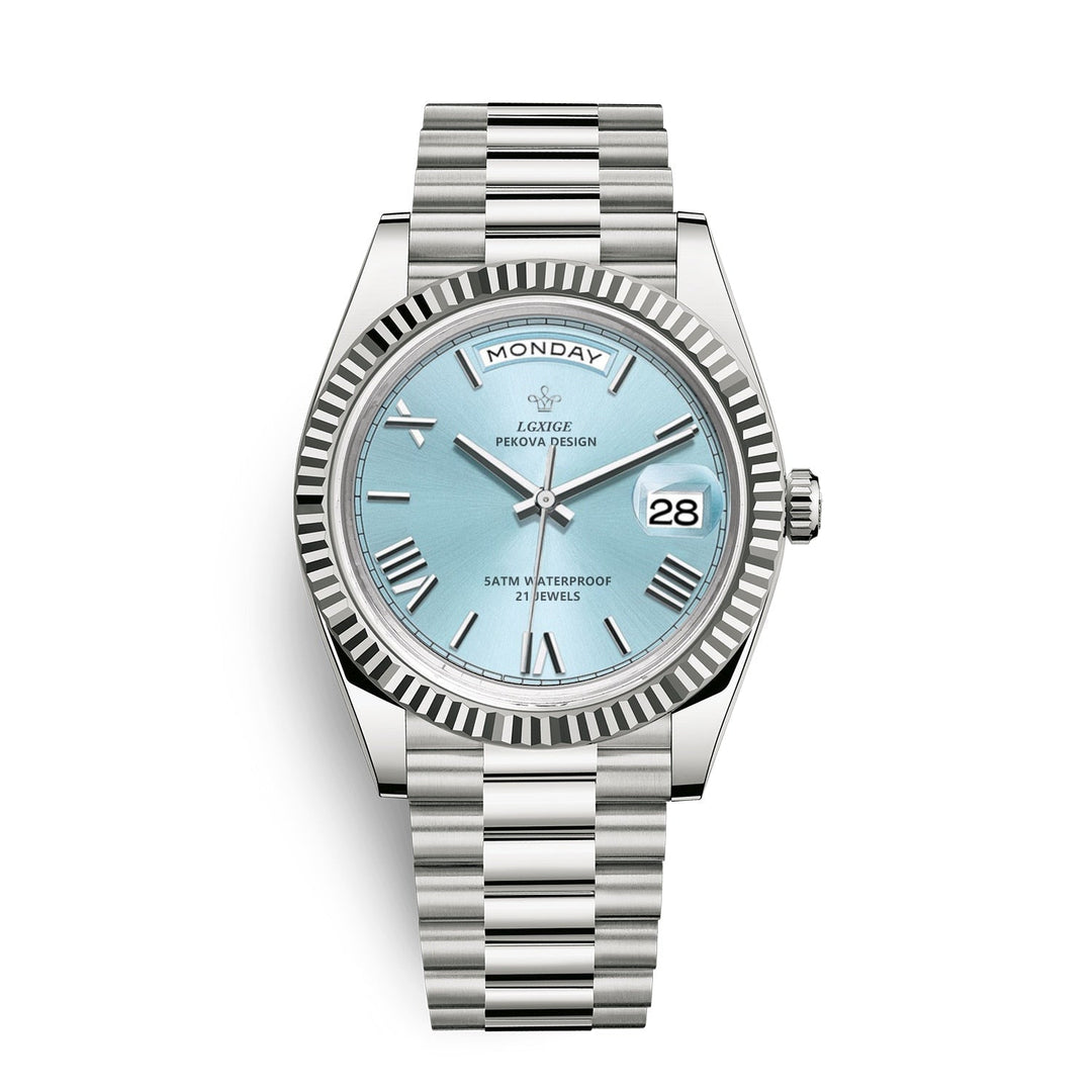 Self-winding men's automatic day-date watch, a premium analog timepiece in polished stainless steel.