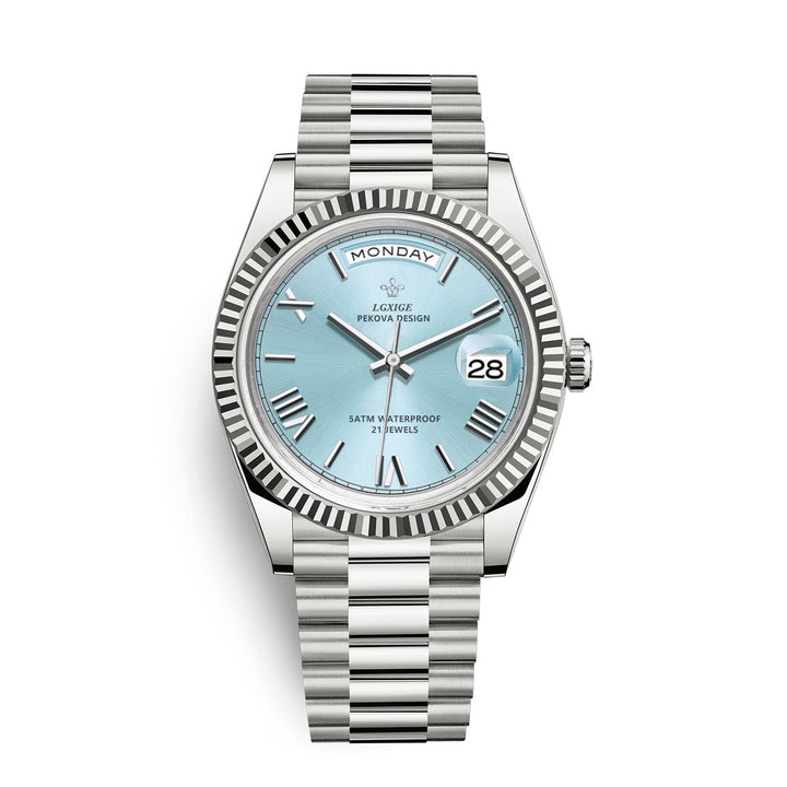 Self-winding men's automatic day-date watch, a premium analog timepiece in polished stainless steel.