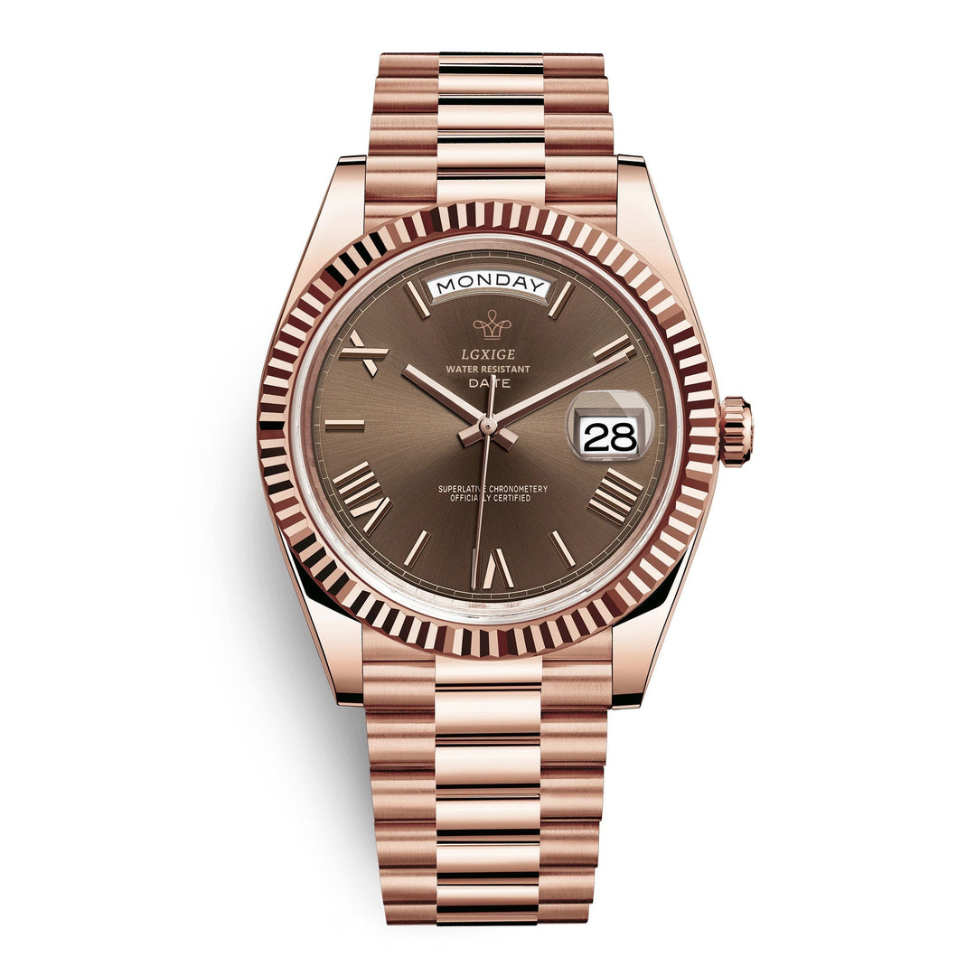 Elegant men's automatic day-date watch featuring a self-winding movement and durable stainless steel case.