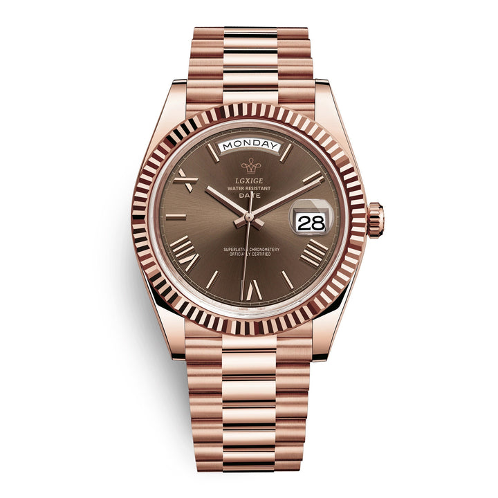 Elegant men's automatic day-date watch featuring a self-winding movement and durable stainless steel case.