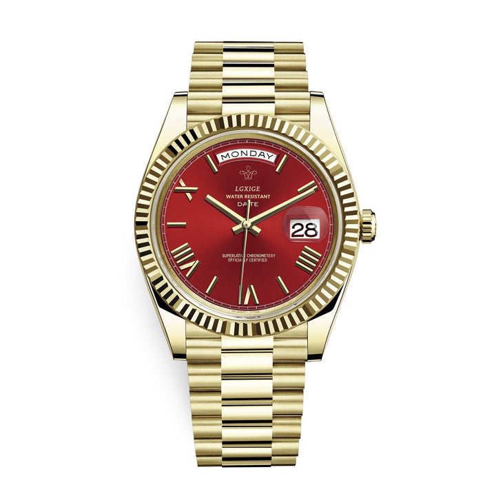 Stylish men's wrist watch, a premium automatic timepiece with day and date display, perfect for daily wear.