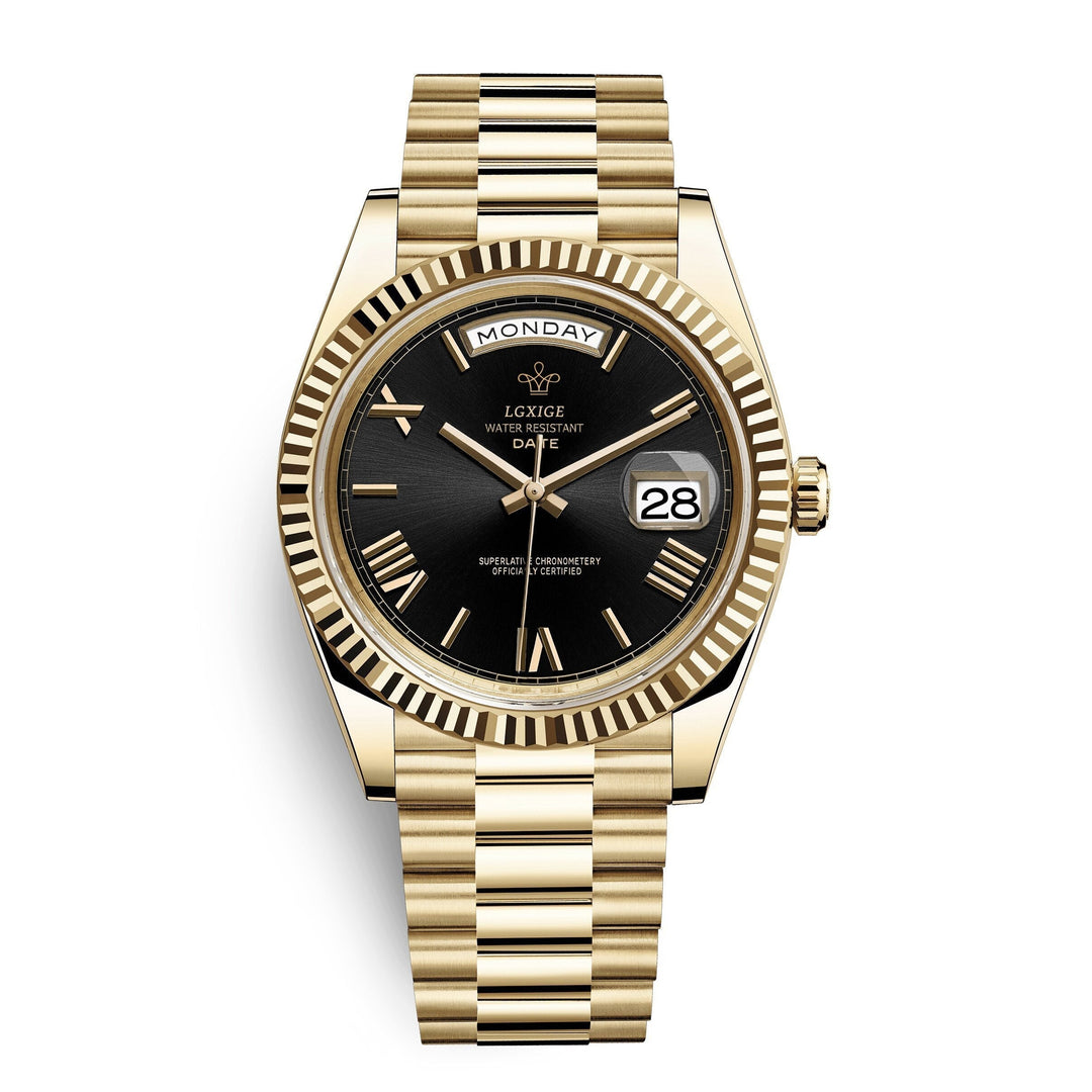Close-up of a men's automatic watch, showing the day and date windows on the classic analog dial.