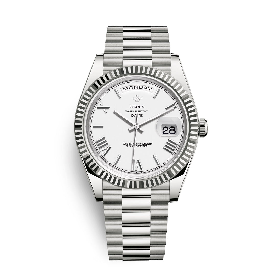 Luxurious men's everyday automatic watch with day and date, featuring a sleek stainless steel bracelet.