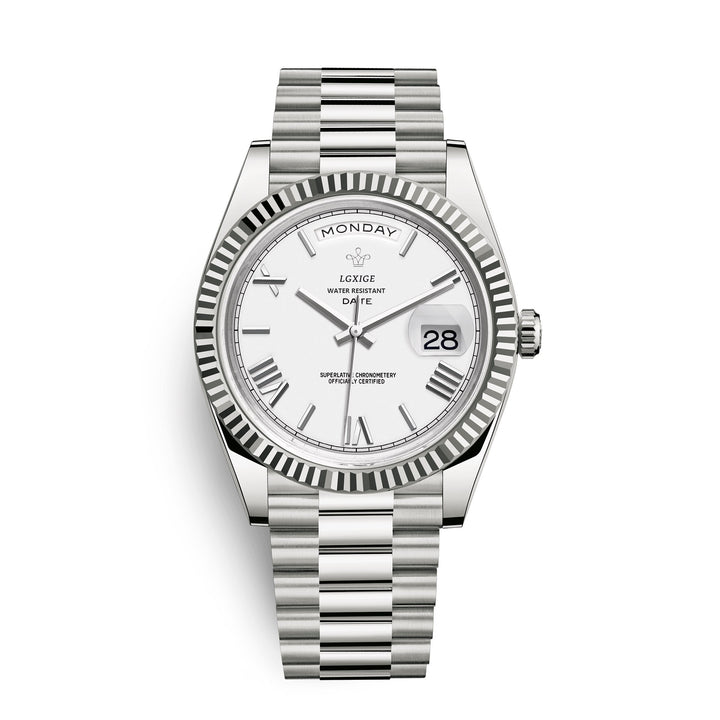 Luxurious men's everyday automatic watch with day and date, featuring a sleek stainless steel bracelet.