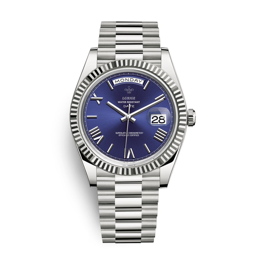 Premium automatic men's watch, self-winding movement, clear day and date display, sophisticated design.