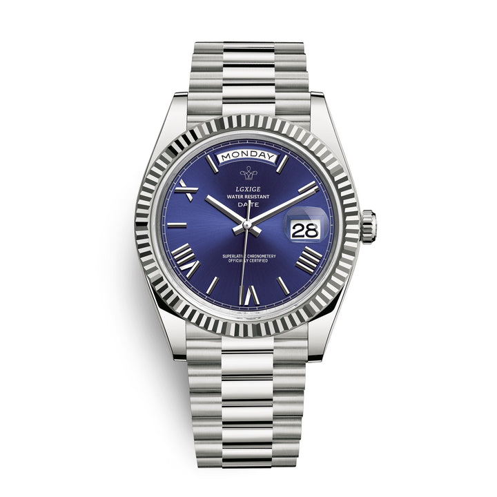 Premium automatic men's watch, self-winding movement, clear day and date display, sophisticated design.
