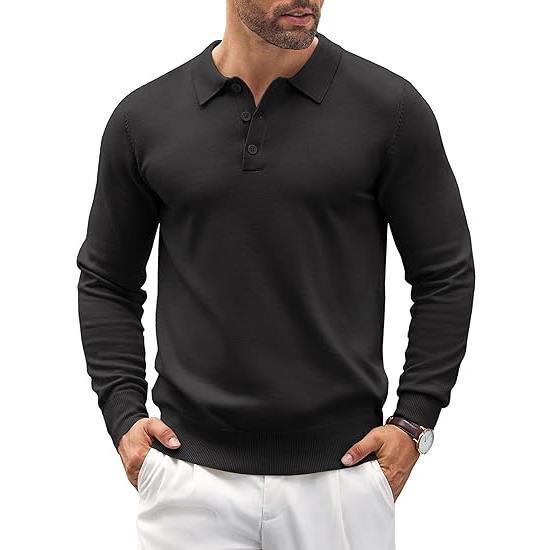 Close-up of men's knit polo sweater in soft beige, highlighting the premium cotton blend texture and detail.