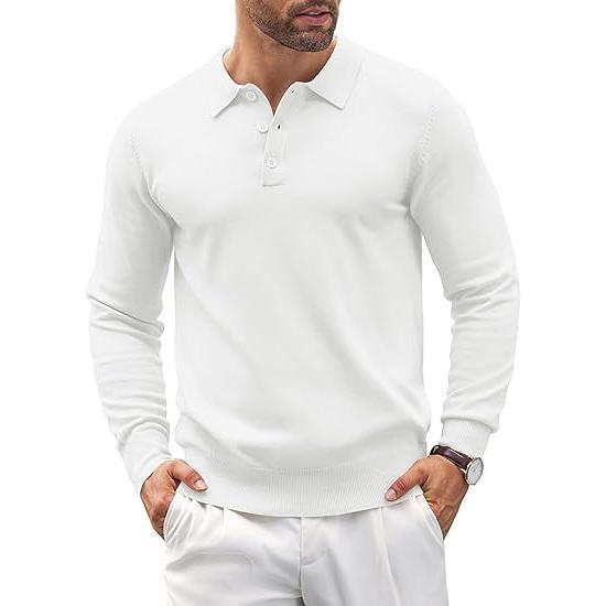 Folded premium knit polo sweater for men, showing quality craftsmanship and soft texture