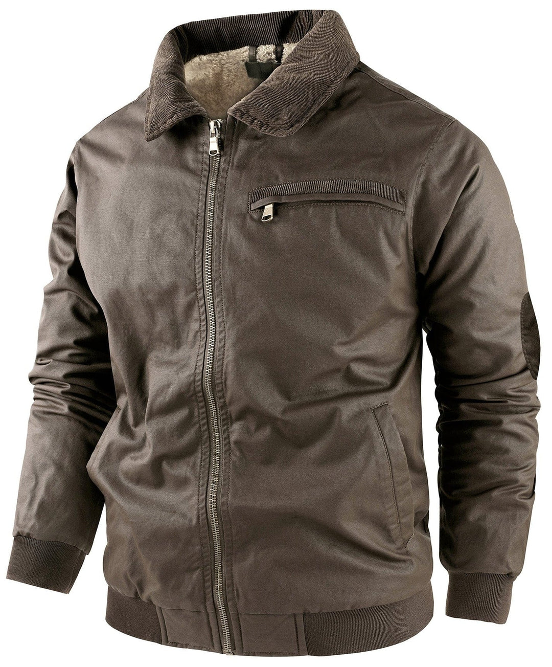 Detail of the inner fleece lining contrasting with the outer bomber jacket fabric