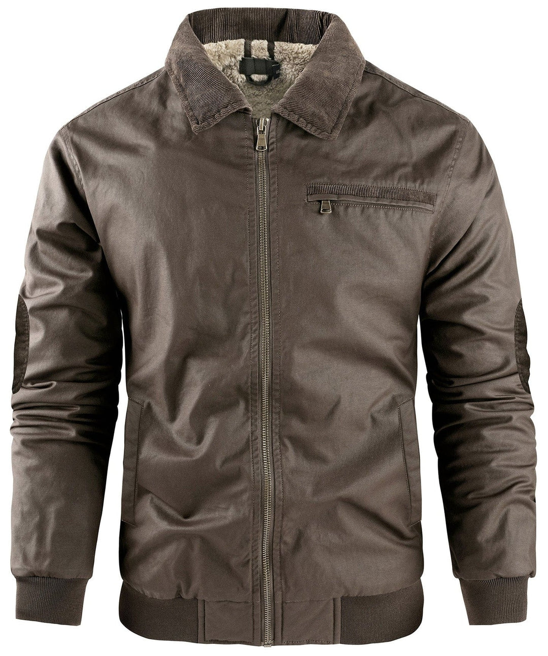 Side profile of a man wearing a premium fleece-lined bomber jacket outdoors