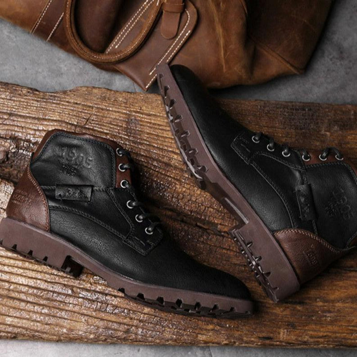 Detailed shot of the texture on men's premium brown leather boots, a staple in mens fashion