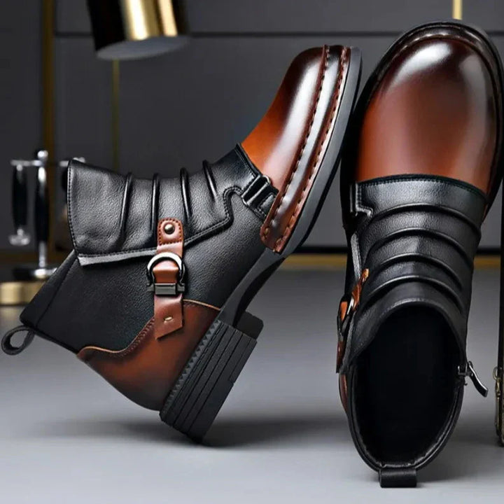 Close-up of men's leather ankle boots, rich brown, showing orthopedic sole texture