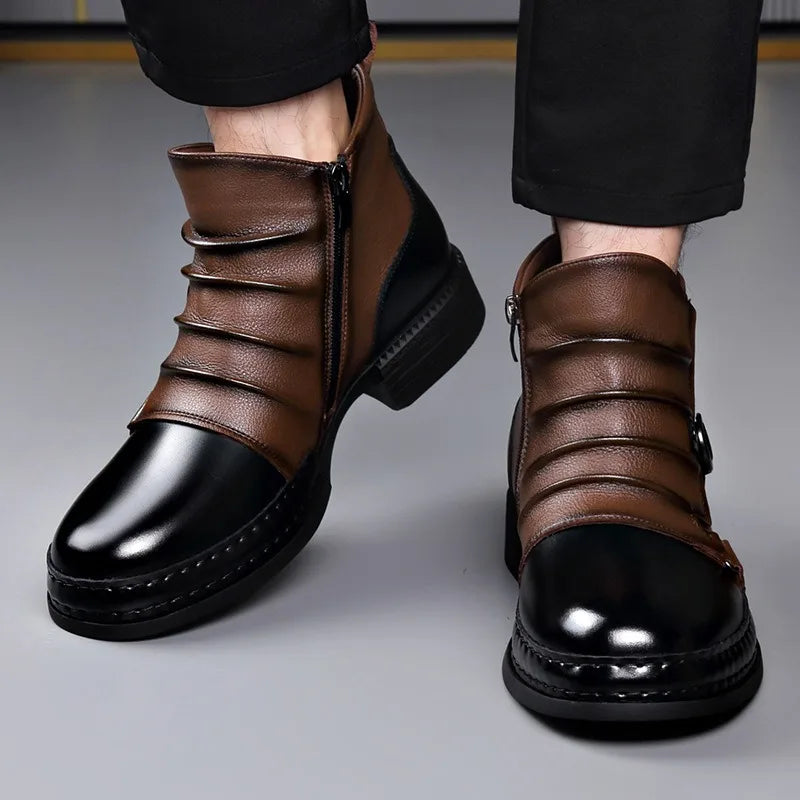 Side profile of men's sleek black leather ankle boots, orthopedic comfort design