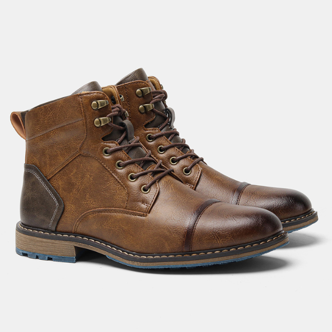 Unzipped side zipper detail on men's leather casual boots, showing ease of wear and rugged style.