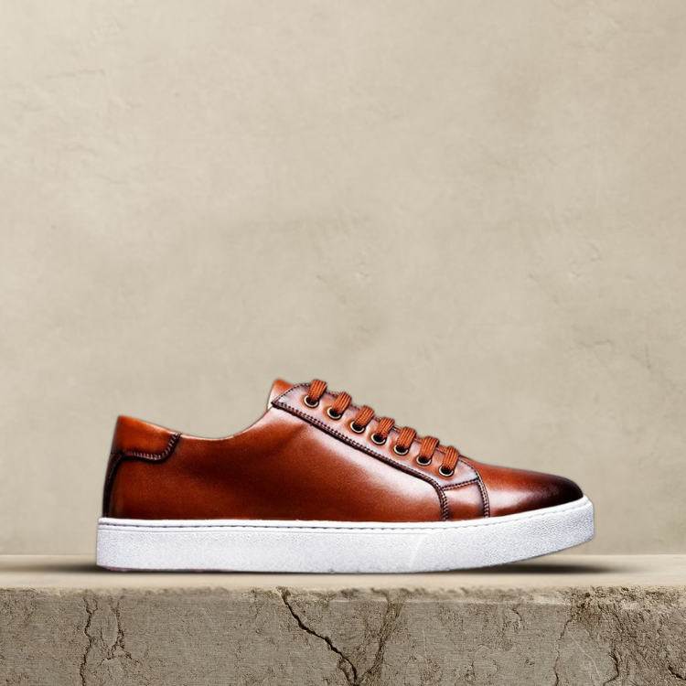Men's premium brown leather casual sneakers, minimalist design, comfortable everyday shoes