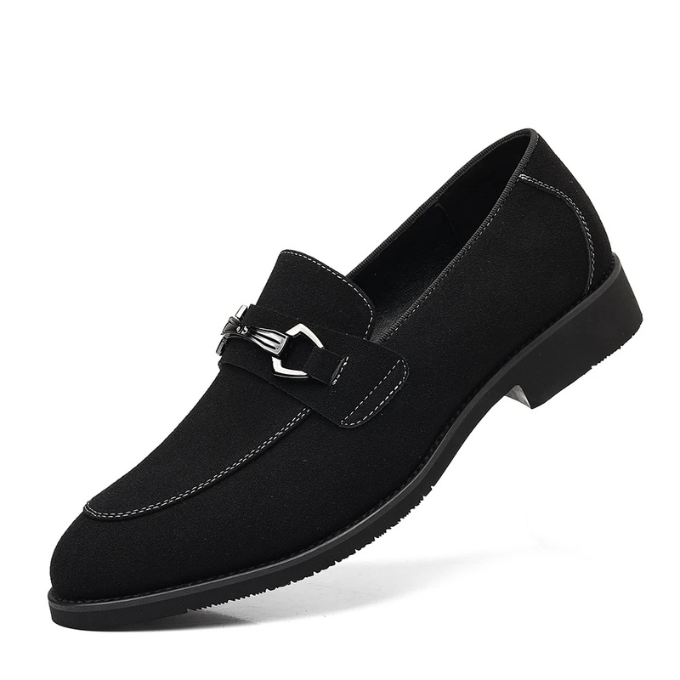 Display of men's premium suede loafers, emphasizing comfort and sophisticated slip-on style.
