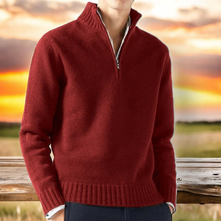 Luxury men's quarter-zip pullover in a cashmere blend, showcasing knit texture and comfort