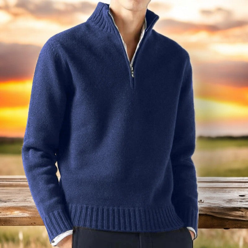 Close-up of a soft men's cashmere blend quarter-zip sweater, ideal for premium winter style