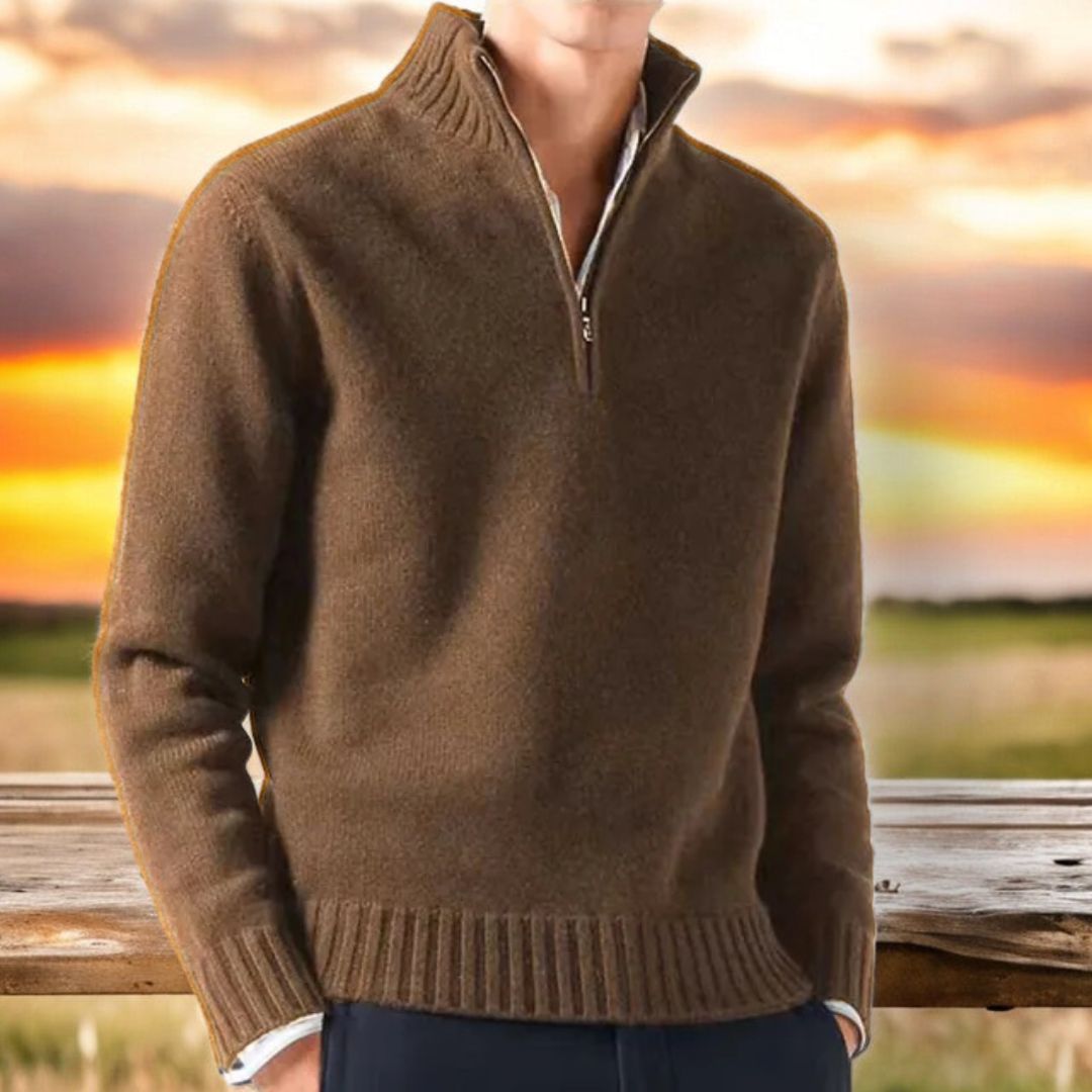 Front view of a men's cashmere blend quarter-zip sweater, a perfect blend of luxury and comfort