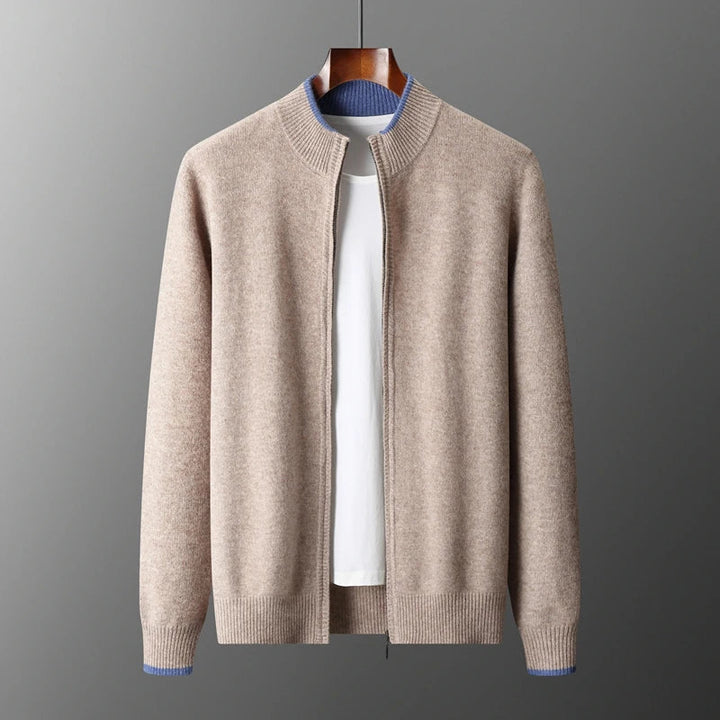 Close-up of the knit texture on a men's cashmere blend zip jacket, showcasing premium quality and comfort.
