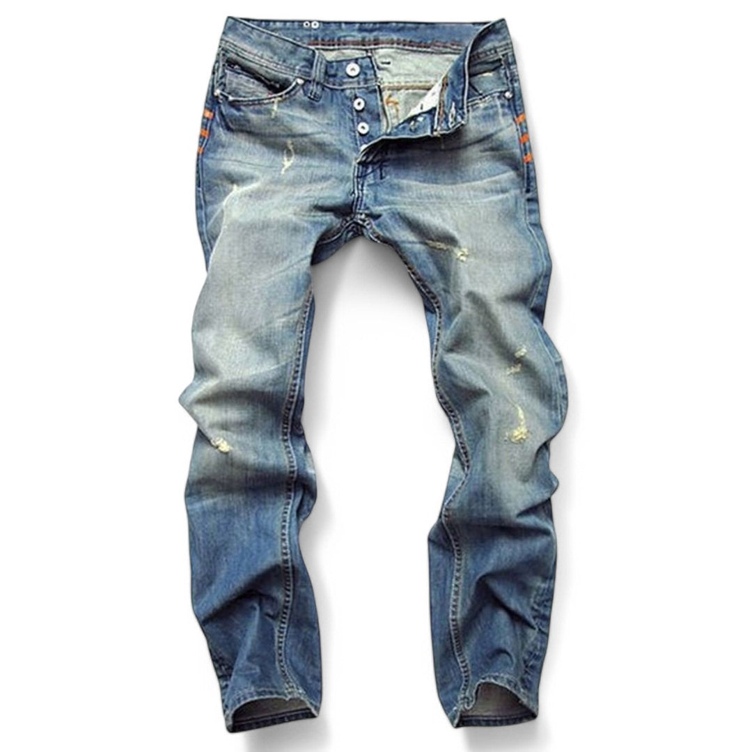 Close-up of men's premium cotton denim jeans, showcasing fabric texture and classic streetwear style