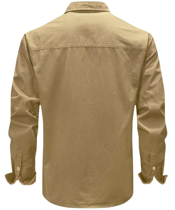 Man's arm wearing the short sleeve Men's Premium Cotton Terrain Trek Shirt, emphasizing breathability.