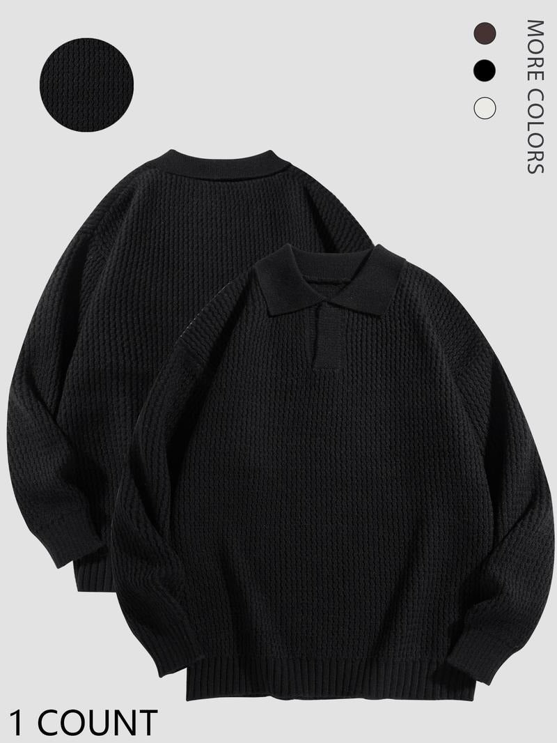 Men's premium knit polo sweater, textured cotton blend, long sleeve, casual classic style.