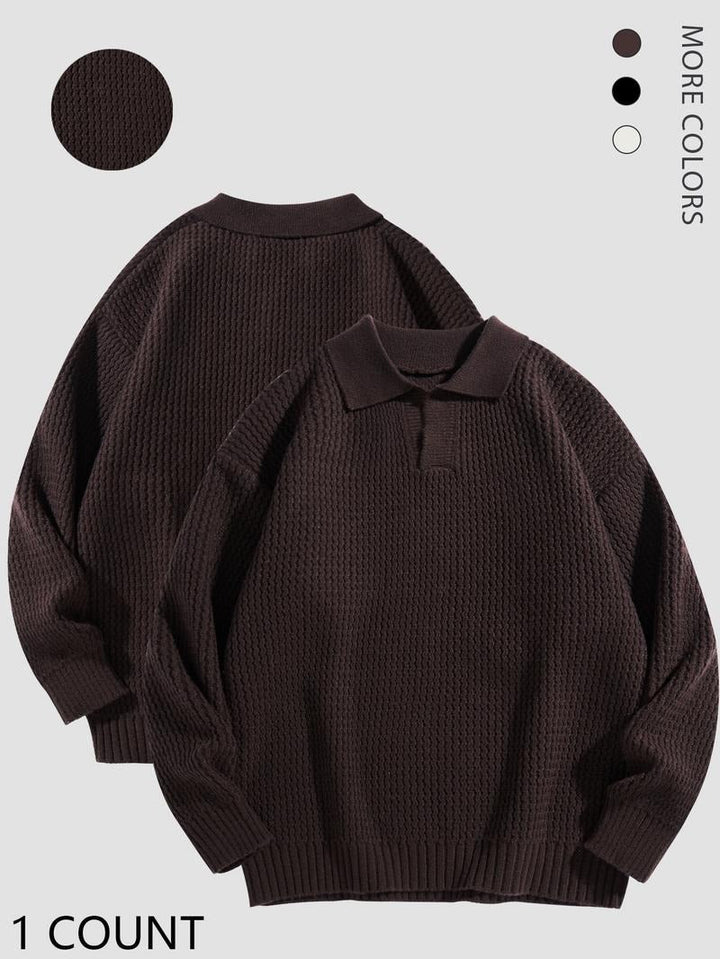 Classic men's knit polo sweater with waffle weave texture, ideal for winter fashion.