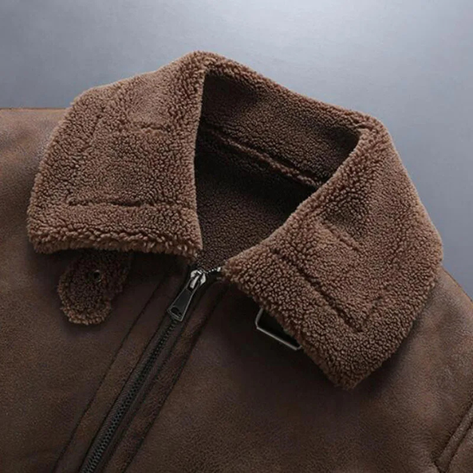 Detail of the fleece lining on the collar of a men's leather aviator jacket, comfort and warmth